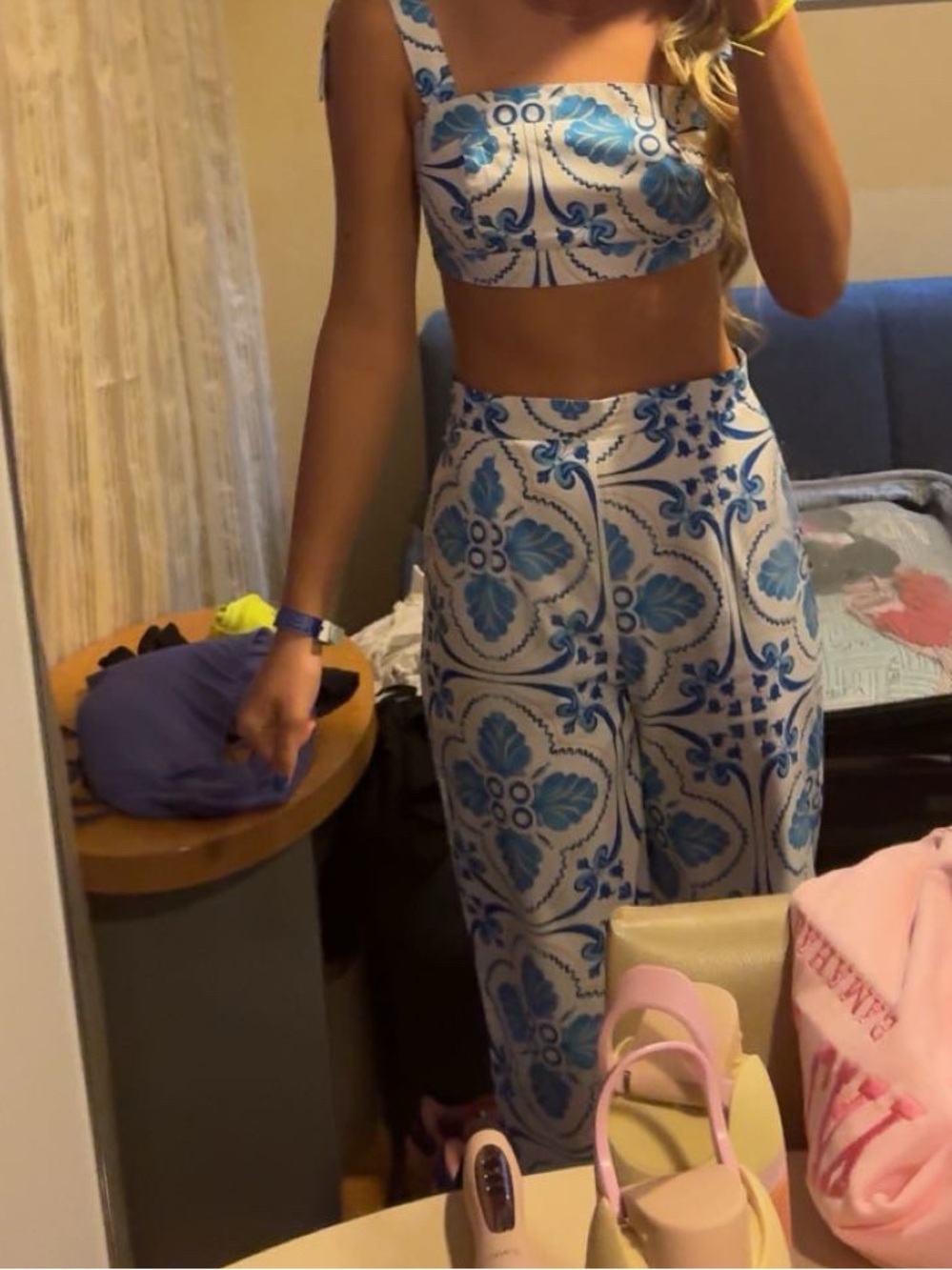 Blue and White Tile Print Two-Piece Crop Top + Pants Set